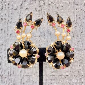 HOBÉ Vintage Floral Ear-climber Black Pink Pearl Rhinestone Clip-on Earrings